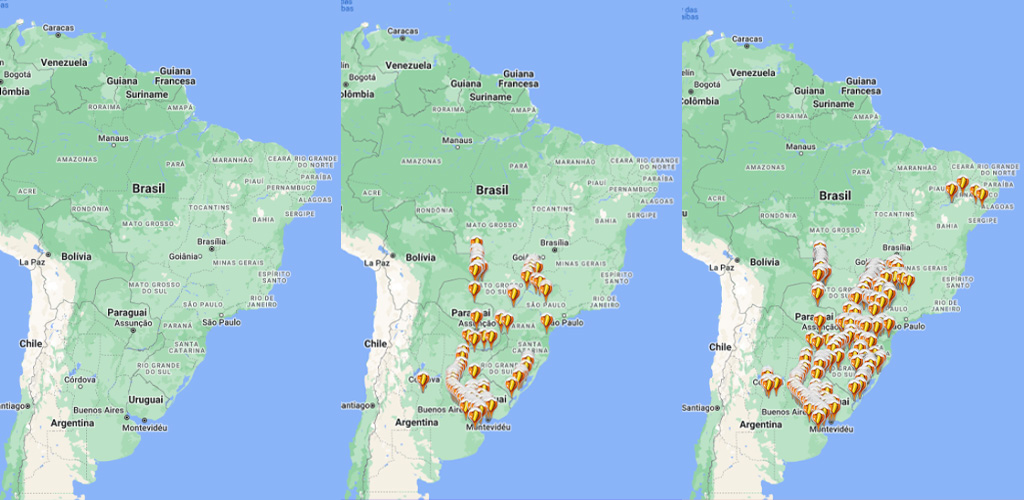 Proliferação do Mexilhão Dourado (Limnoperna fortunei) do Brasil entre os anos 1990, 2005 e 2023. Fonte: Base colaborativa de dados sobre invasões biológicas (http://base.cbeih.org/).